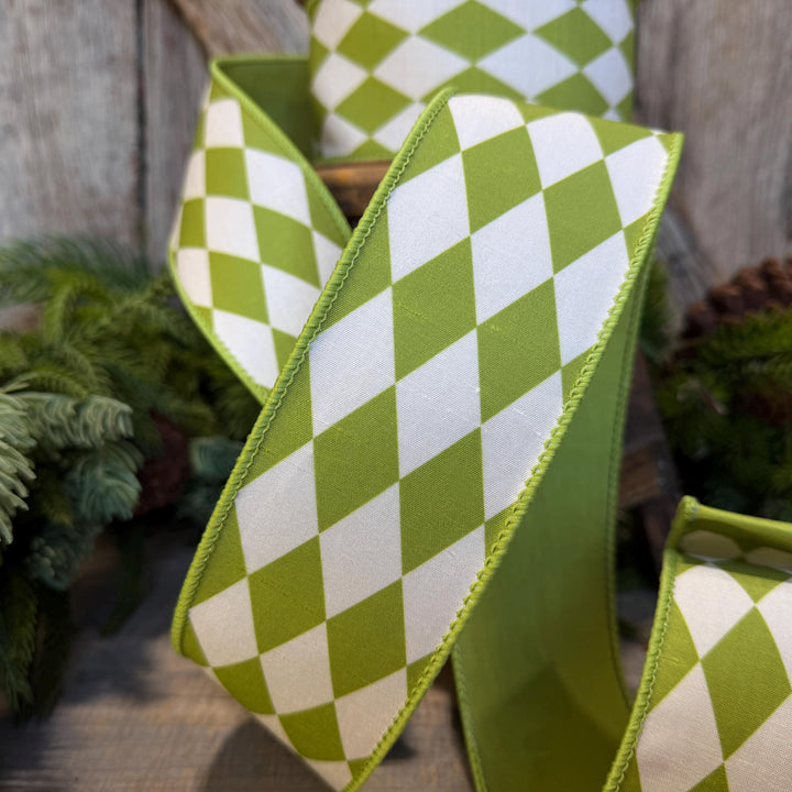 2.5" Green Harlequin Ribbon, Fall Ribbon, Christmas Ribbon, Diamond Pattern
