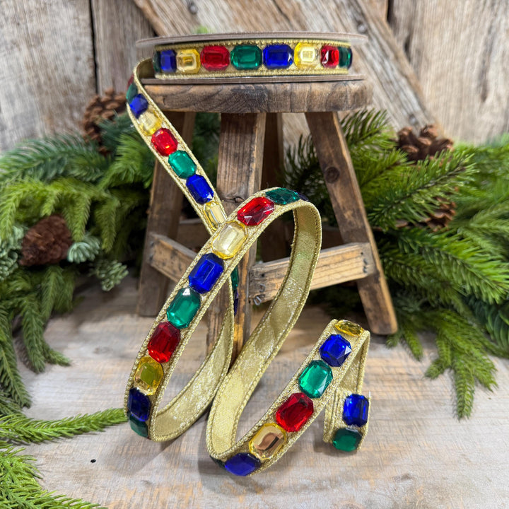 1" Multi Emerald Cut Jeweled Ribbon, Christmas Ribbon, Jeweled Ribbon, Farrisilk Ribbon, RJ017-32