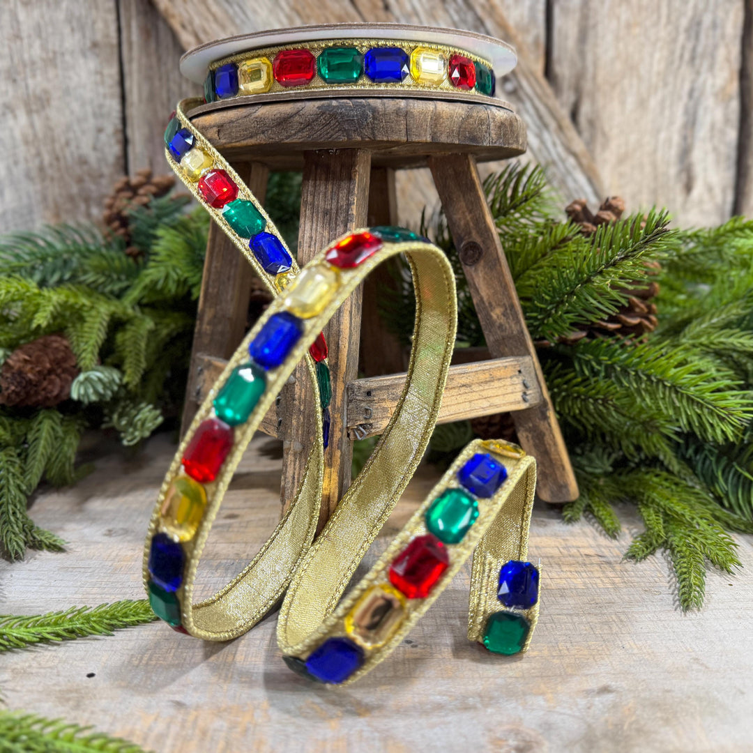 1" Multi Emerald Cut Jeweled Ribbon, Christmas Ribbon, Jeweled Ribbon, Farrisilk Ribbon, RJ017-32