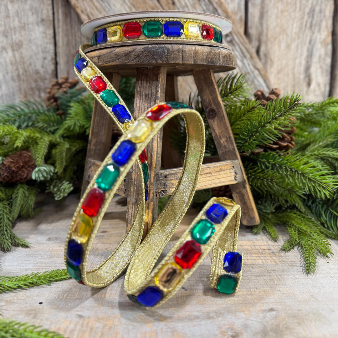 1" Multi Emerald Cut Jeweled Ribbon, Christmas Ribbon, Jeweled Ribbon, Farrisilk Ribbon, RJ017-32