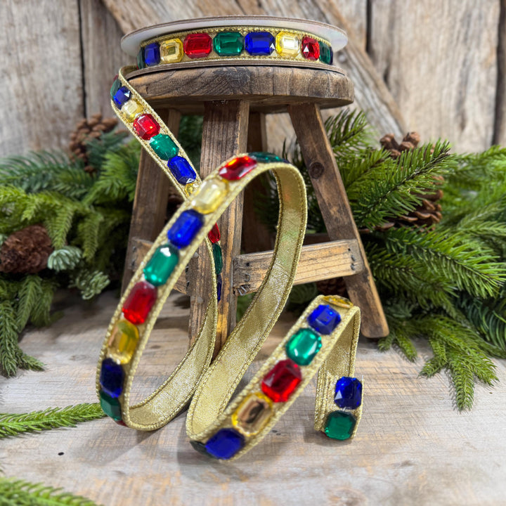 1" Multi Emerald Cut Jeweled Ribbon, Christmas Ribbon, Jeweled Ribbon, Farrisilk Ribbon, RJ017-32