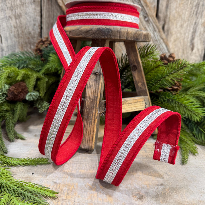 1" Red Silver Ribbon, Farrisilk Twinkle Trim Ribbon