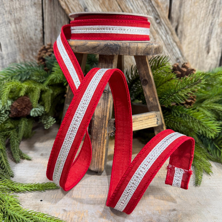1" Red Silver Twinkle Trim Ribbon, Farrisilk ribbon, Red Silver Jeweled RIbbon