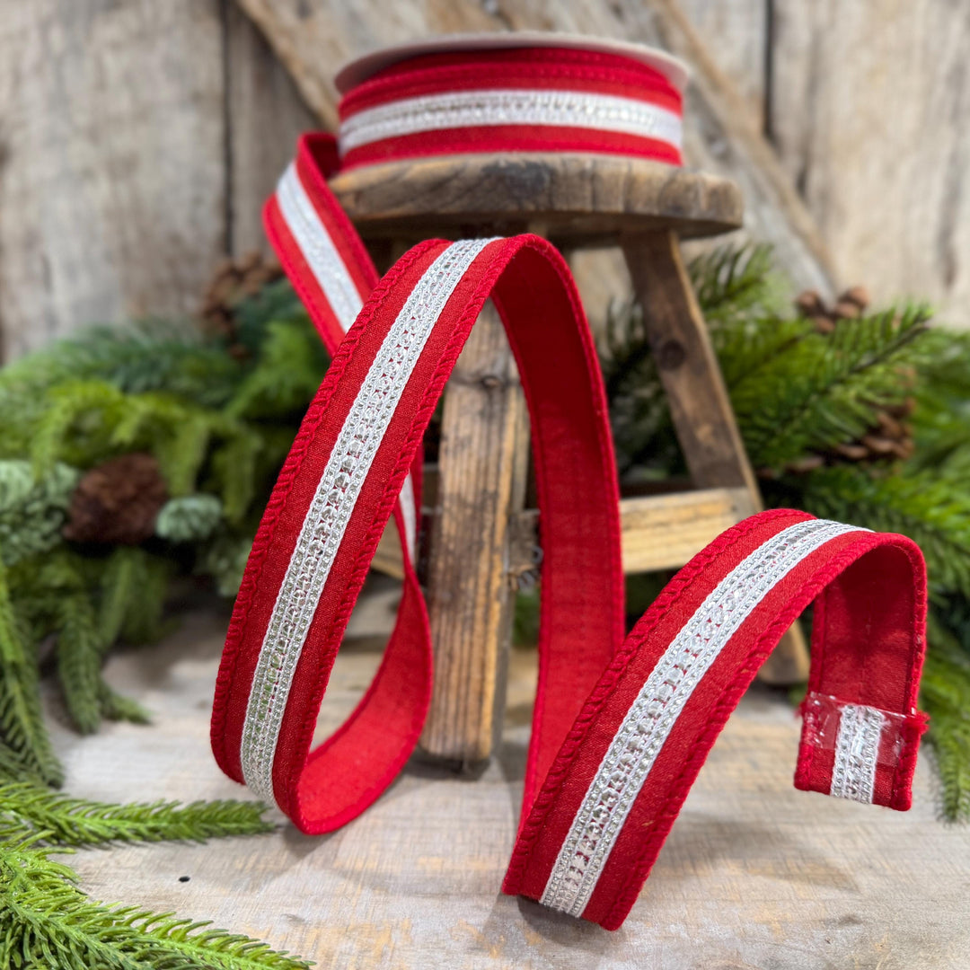 1" Red Silver Twinkle Trim Ribbon, Farrisilk ribbon, Red Silver Jeweled RIbbon