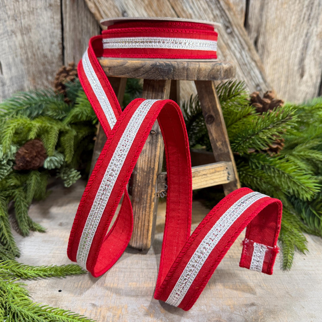 1" Red Silver Twinkle Trim Ribbon, Farrisilk ribbon, Red Silver Jeweled RIbbon