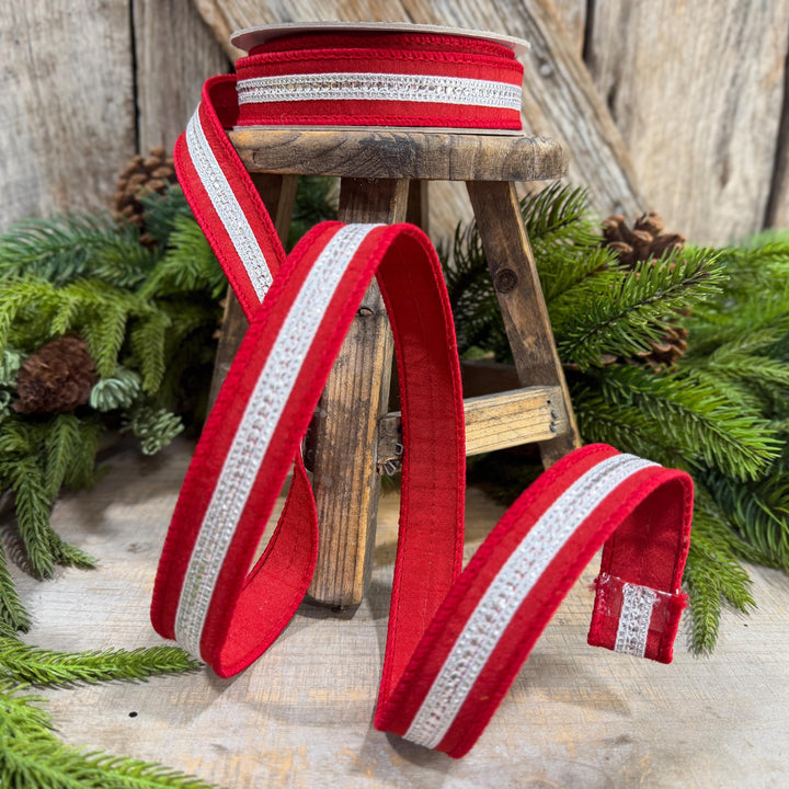 1" Red Silver Twinkle Trim Ribbon, Farrisilk ribbon, Red Silver Jeweled RIbbon