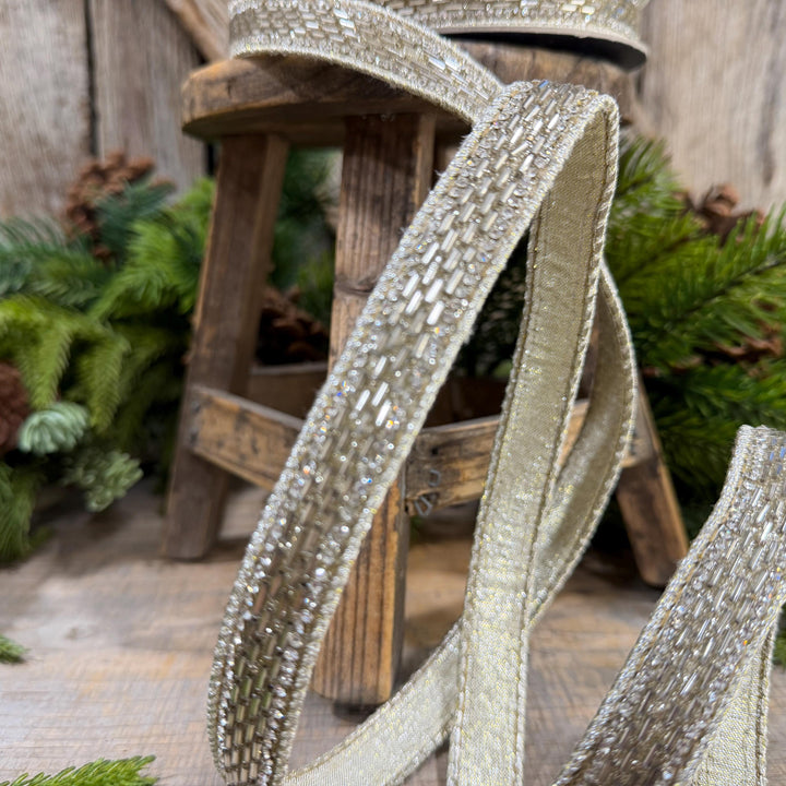 1" Platinum Jeweld Beaded Ribbon, Farrisilk Fluted Jewel Ribbon, Christmas RIbbon