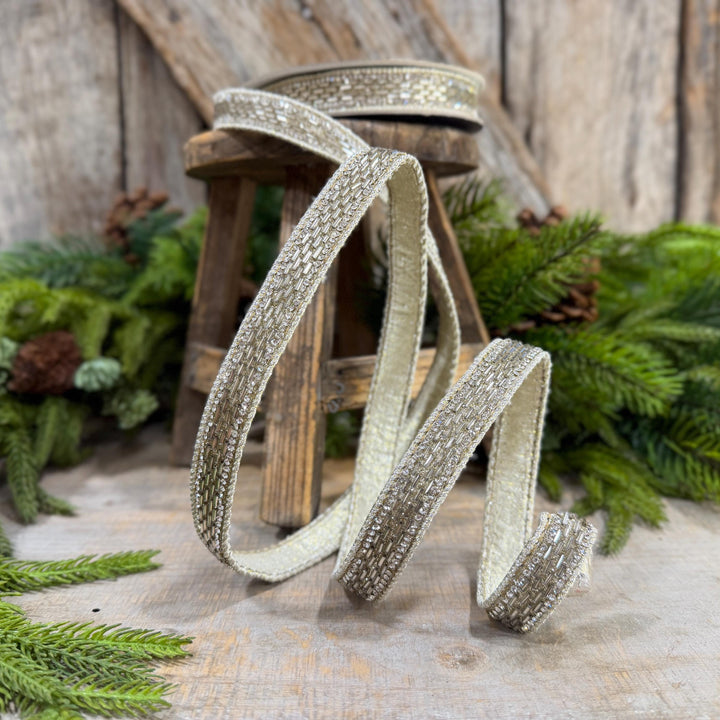 1" Platinum Jeweld Beaded Ribbon, Farrisilk Fluted Jewel Ribbon, Christmas RIbbon