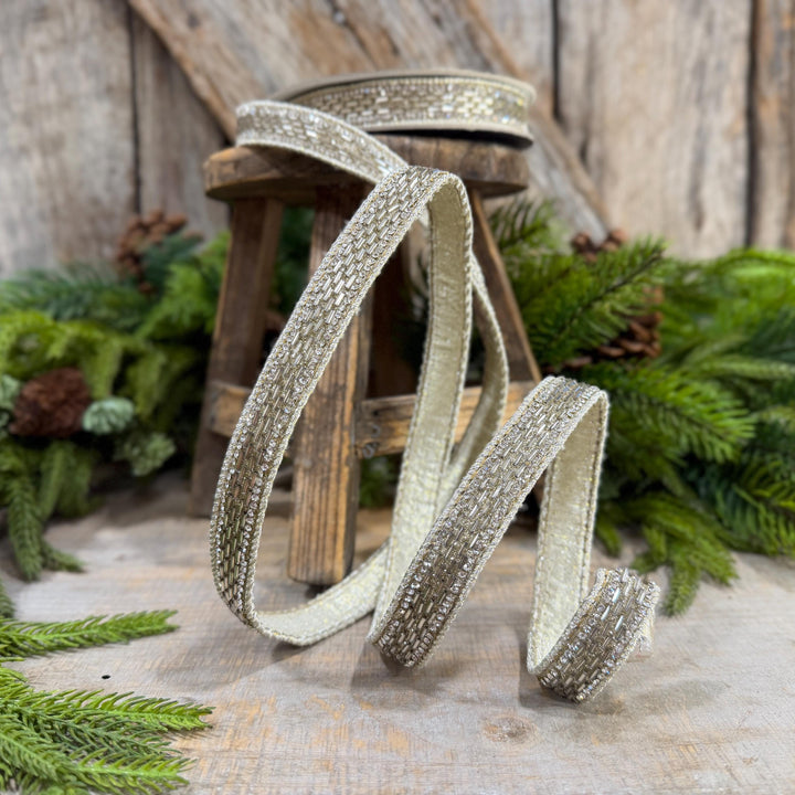 1" Platinum Jeweld Beaded Ribbon, Farrisilk Fluted Jewel Ribbon, Christmas RIbbon
