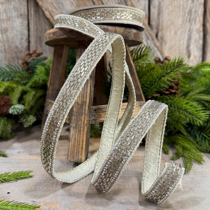 1" Platinum Jeweld Beaded Ribbon, Farrisilk Fluted Jewel Ribbon, Christmas RIbbon