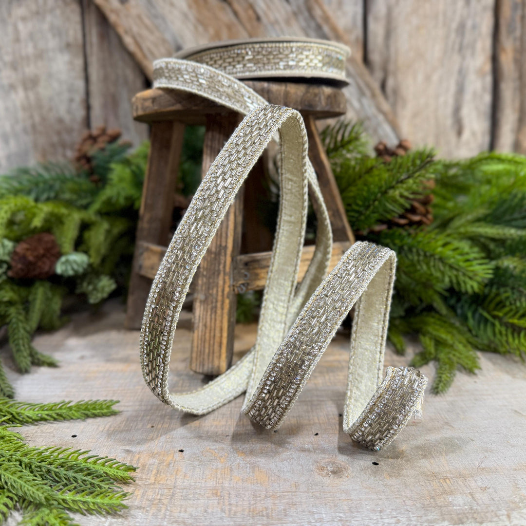 1" Platinum Jeweld Beaded Ribbon, Farrisilk Fluted Jewel Ribbon, Christmas RIbbon