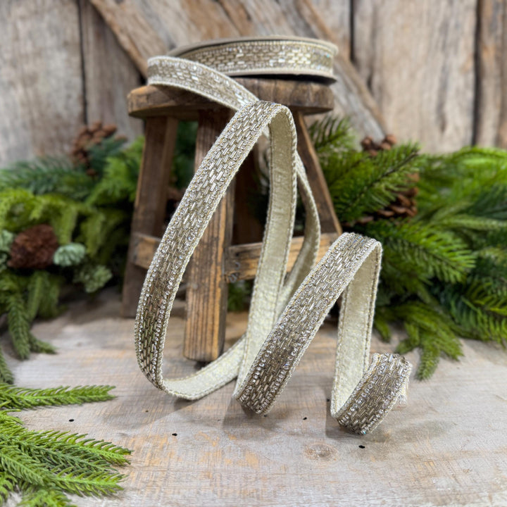 1" Platinum Jeweld Beaded Ribbon, Farrisilk Fluted Jewel Ribbon, Christmas RIbbon