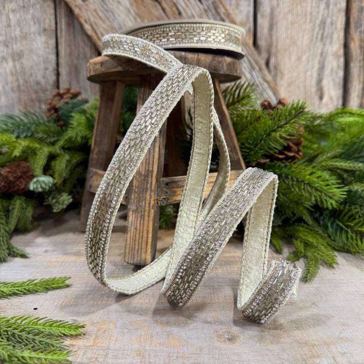 1" Platinum Jeweld Beaded Ribbon, Farrisilk Fluted Jewel Ribbon, Christmas RIbbon