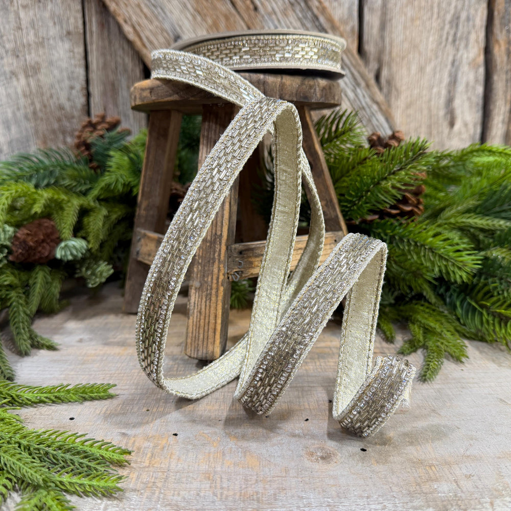 1" Platinum Jeweld Beaded Ribbon, Farrisilk Fluted Jewel Ribbon, Christmas RIbbon