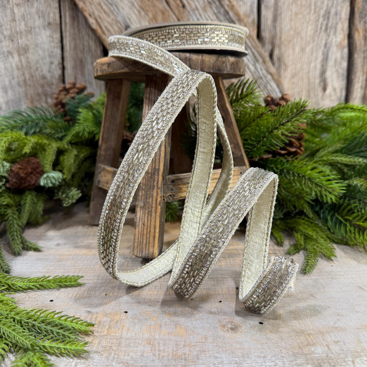 1" Platinum Jeweld Beaded Ribbon, Farrisilk Fluted Jewel Ribbon, Christmas RIbbon