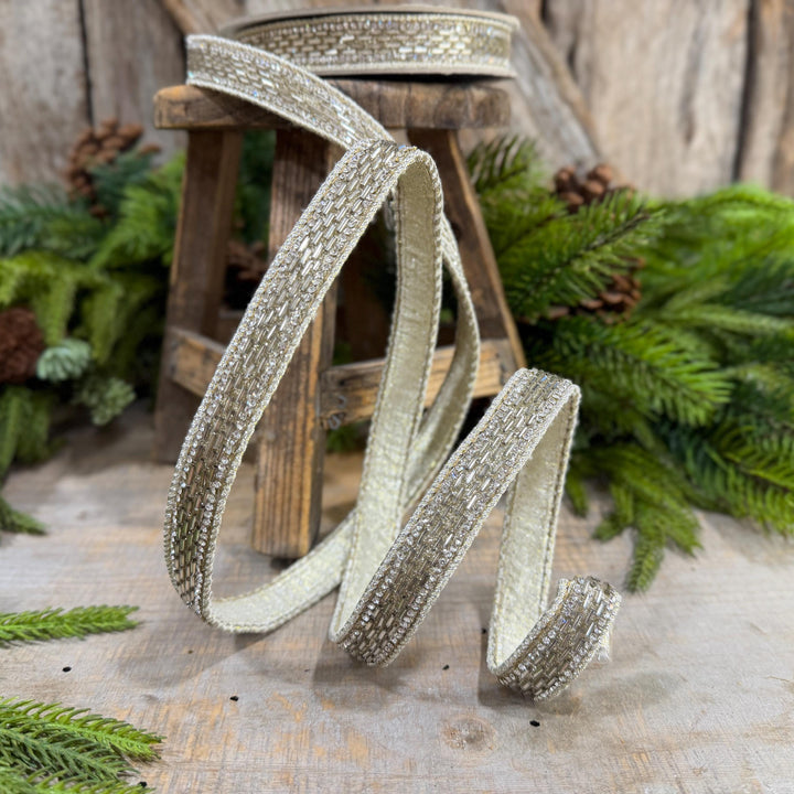 1" Platinum Jeweld Beaded Ribbon, Farrisilk Fluted Jewel Ribbon, Christmas RIbbon
