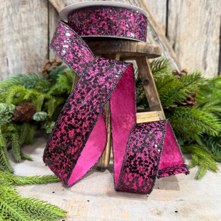 1.5" Hot Pink Halloween Ribbon, Farrisilk Spindle Web Ribbon, Halloween Ribbon, HR020-15