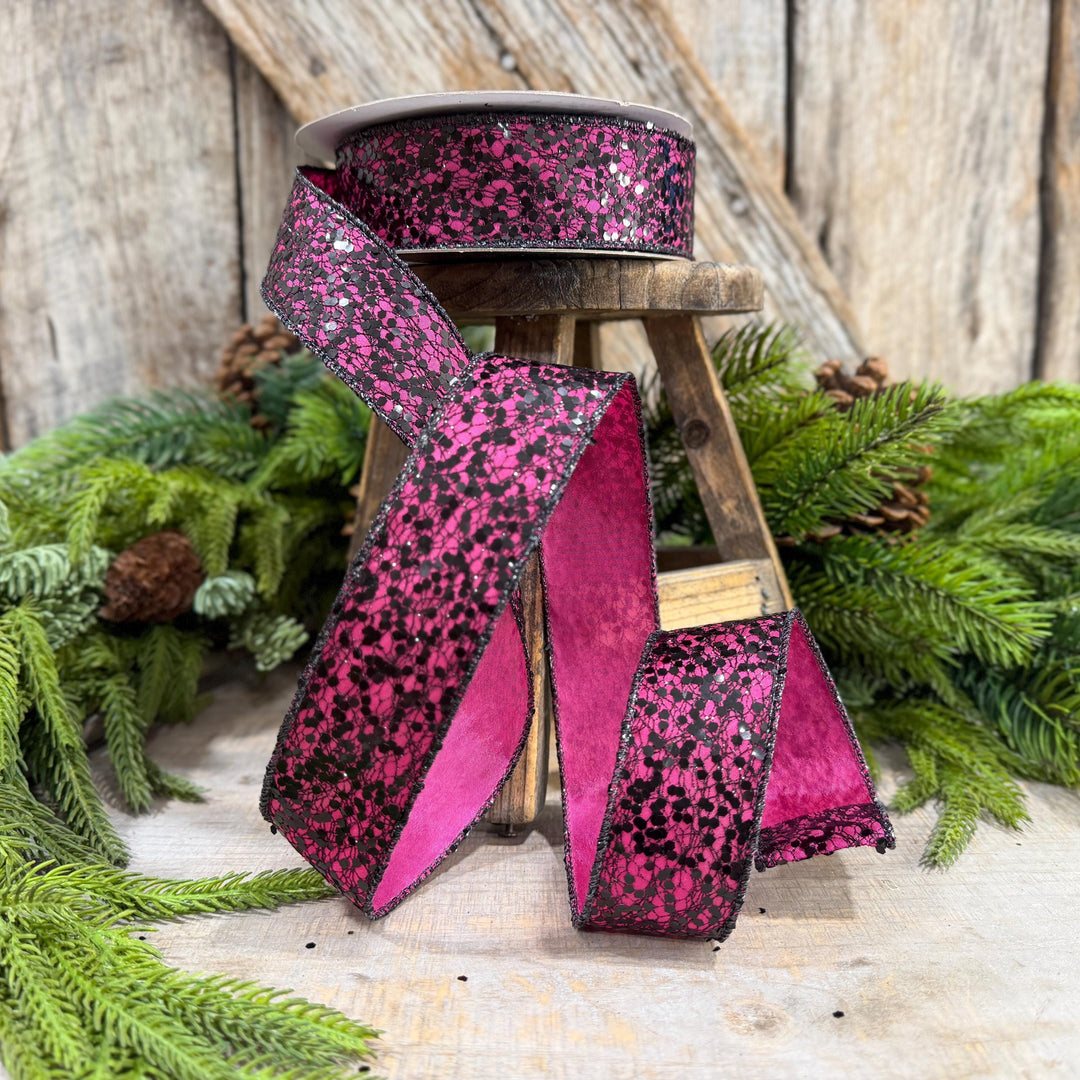 1.5" Hot Pink Halloween Ribbon, Farrisilk Spindle Web Ribbon, Halloween Ribbon, HR020-15