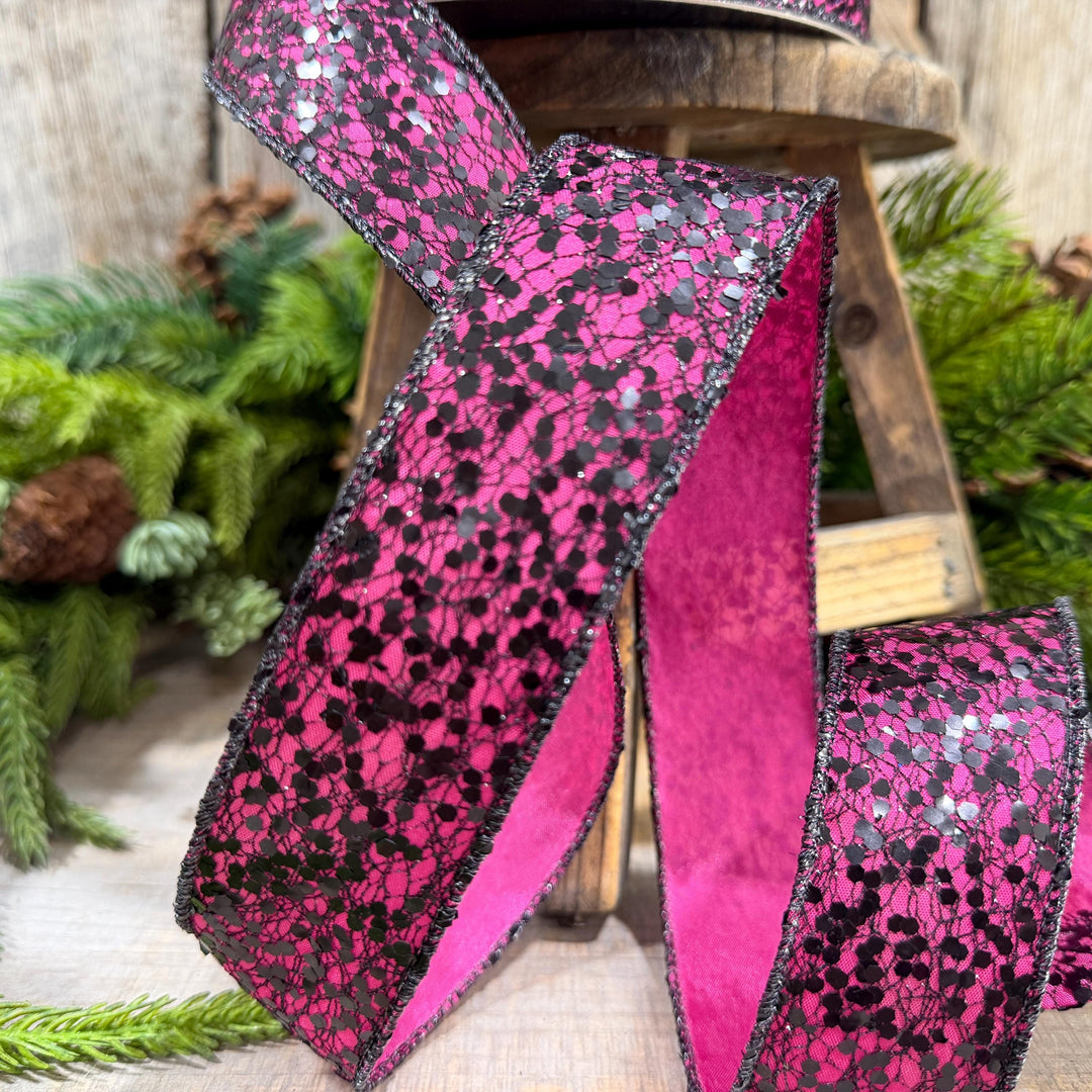 1.5" Hot Pink Halloween Ribbon, Farrisilk Spindle Web Ribbon, Halloween Ribbon, HR020-15