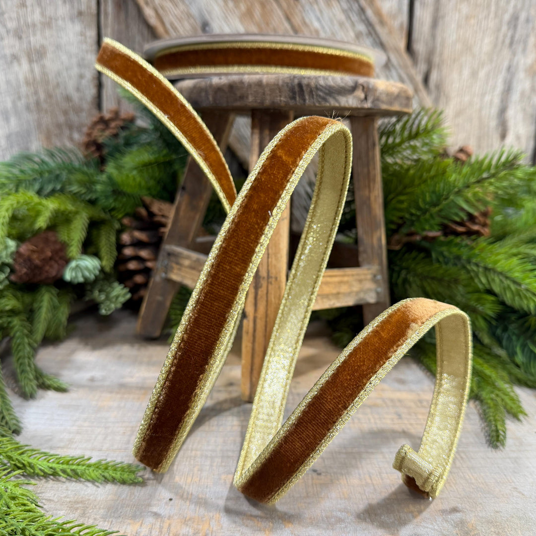 3/4” Pecan Brown Velvet Ribbon, Flashy Velvet Ribbon, Farrisilk ribbon, Brown Velvet ribbon, RG074-35