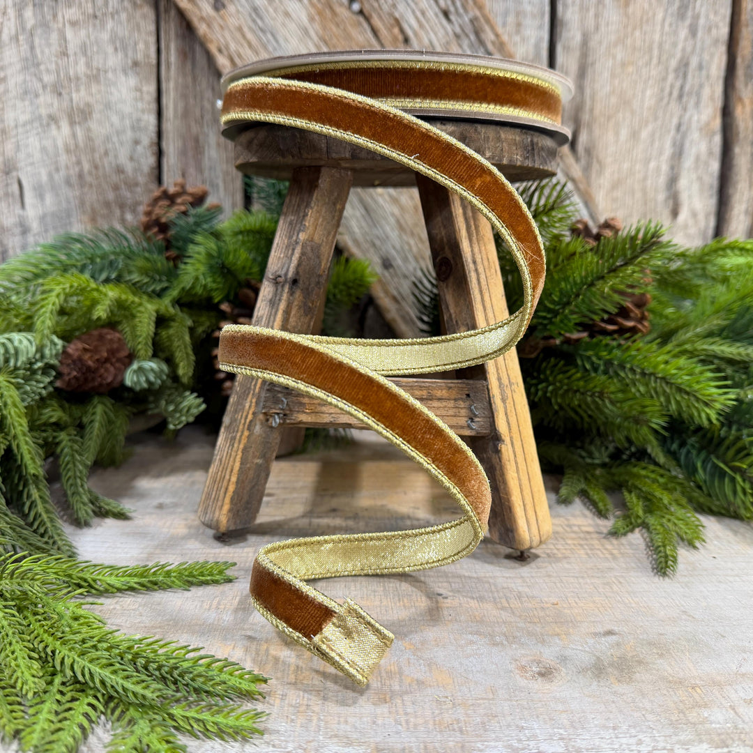 3/4” Pecan Brown Velvet Ribbon, Flashy Velvet Ribbon, Farrisilk ribbon, Brown Velvet ribbon, RG074-35