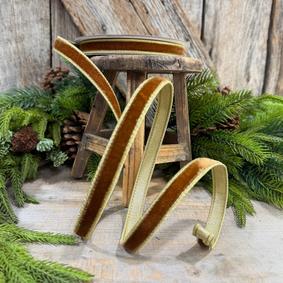 3/4” Pecan Brown Velvet Ribbon, Flashy Velvet Ribbon, Farrisilk ribbon, Brown Velvet ribbon, RG074-35