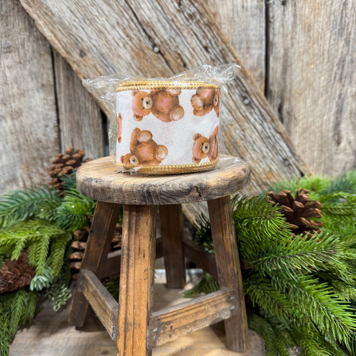 2.5" Teddy Bear Ribbon, Christmas Teddy Bear Ribbon, Wired Bear Ribbon