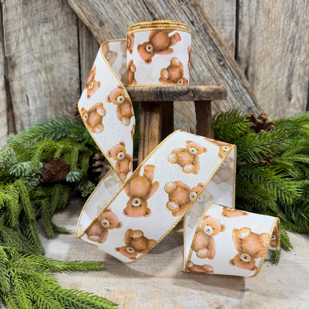 2.5" Teddy Bear Ribbon, Christmas Teddy Bear Ribbon, Wired Bear Ribbon