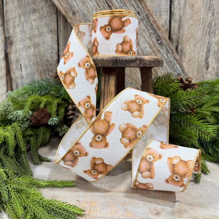 2.5" Teddy Bear Ribbon, Christmas Teddy Bear Ribbon, Wired Bear Ribbon