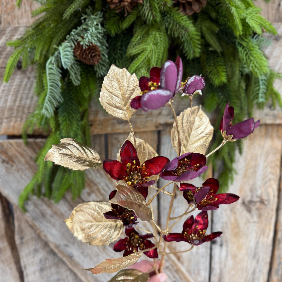 27" Burgundy Blossom Spray, Burgundy Christmas Floral Spray