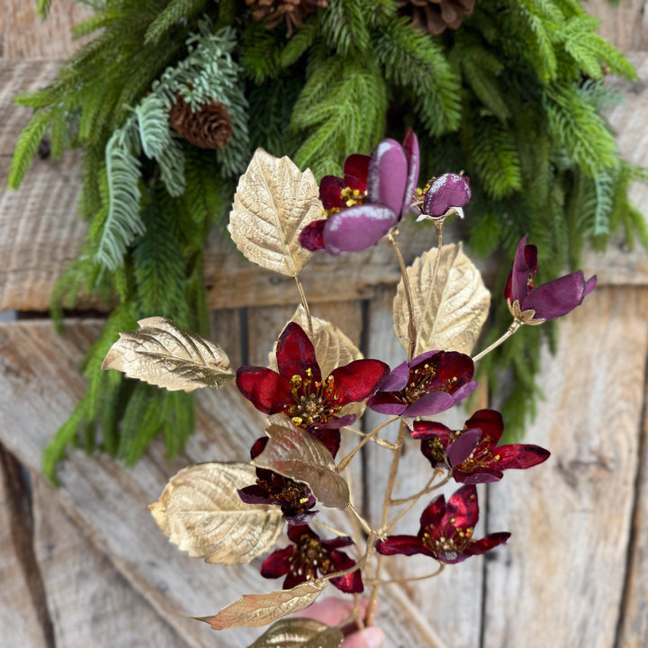 27" Burgundy Blossom Spray, Burgundy Christmas Floral Spray