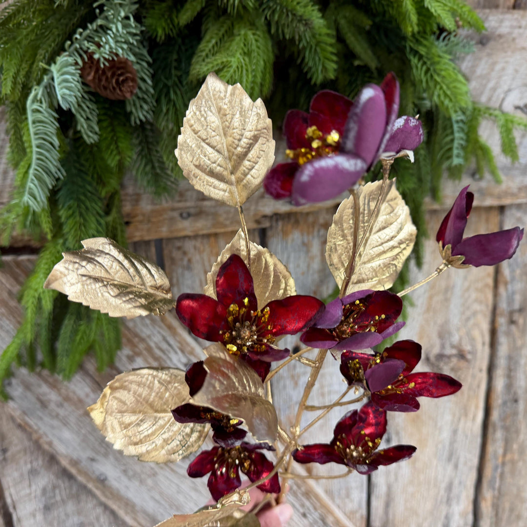 27" Burgundy Blossom Spray, Burgundy Christmas Floral Spray
