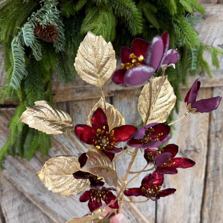 27" Burgundy Blossom Spray, Burgundy Christmas Floral Spray