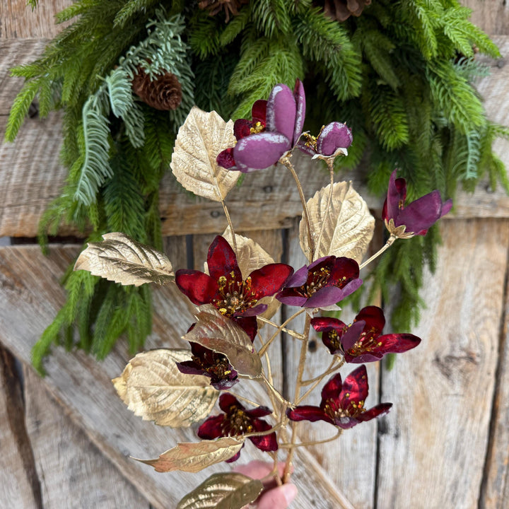 27" Burgundy Blossom Spray, Burgundy Christmas Floral Spray
