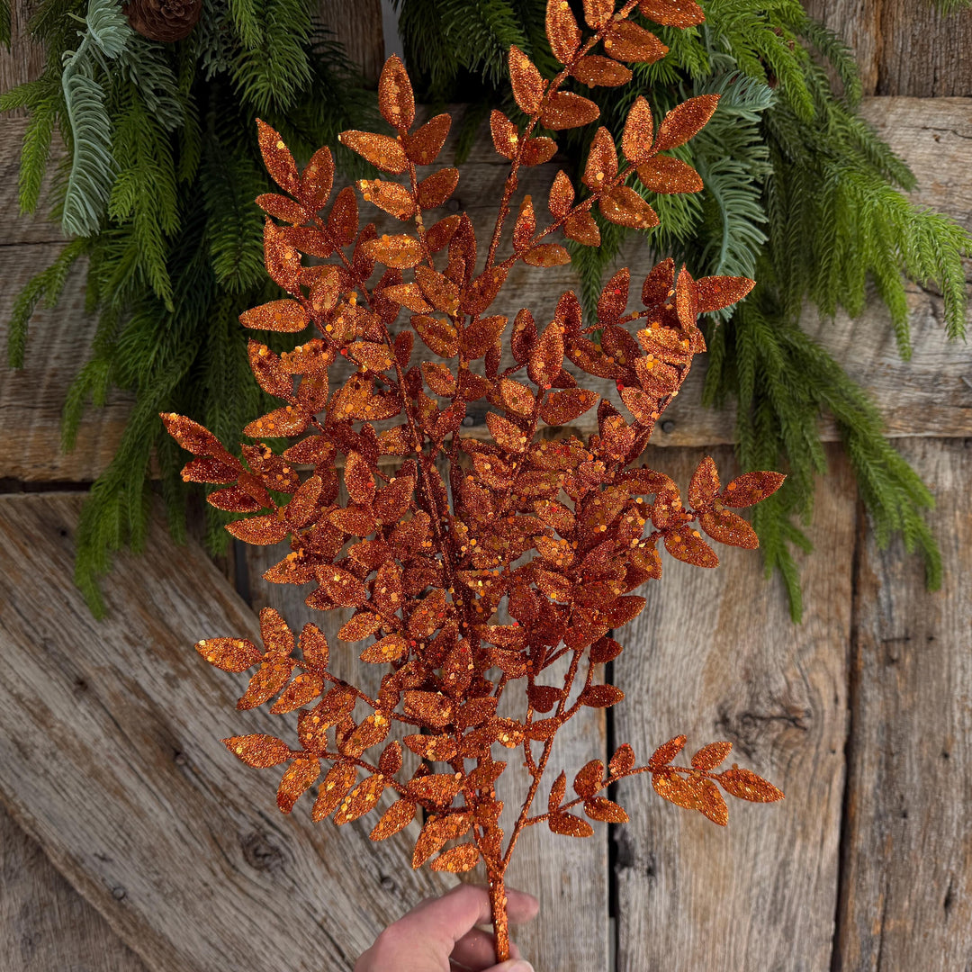 28" Orange Glitter Fern Spray, Halloween Greenery, Orange Spray