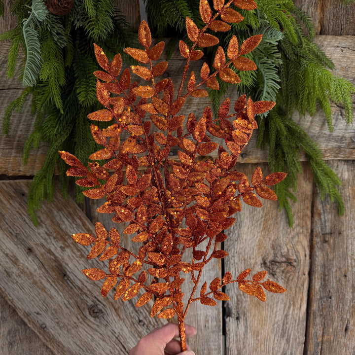 28" Orange Glitter Fern Spray, Halloween Greenery, Orange Spray