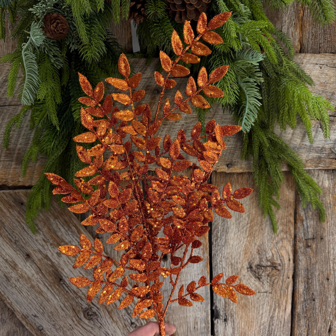 28" Orange Glitter Fern Spray, Halloween Greenery, Orange Spray