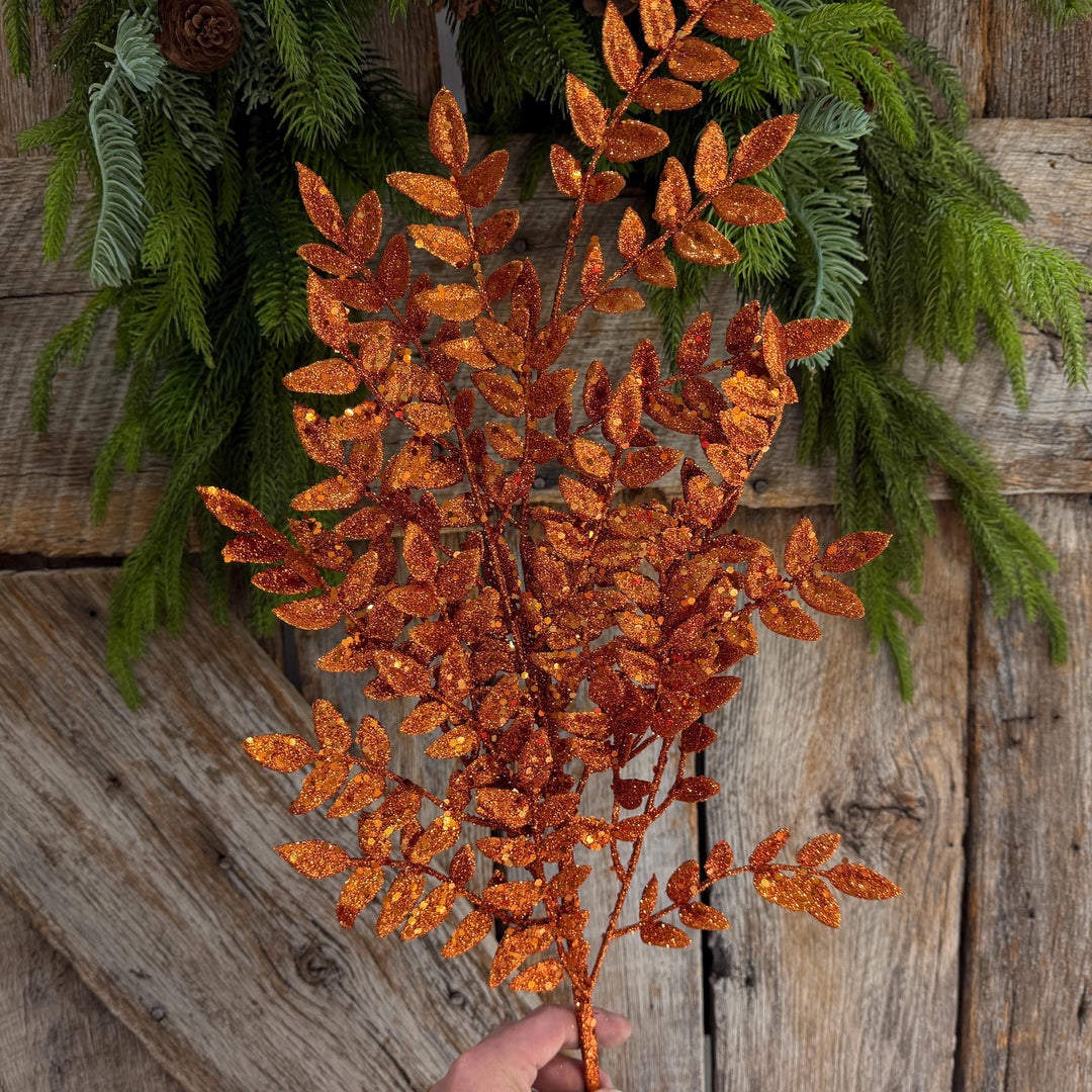 28" Orange Glitter Fern Spray, Halloween Greenery, Orange Spray