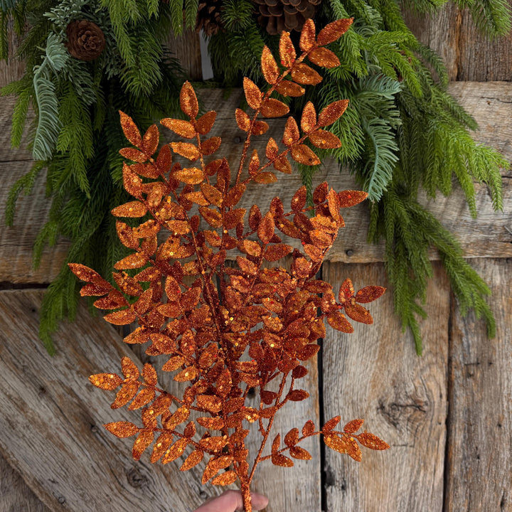 28" Orange Glitter Fern Spray, Halloween Greenery, Orange Spray