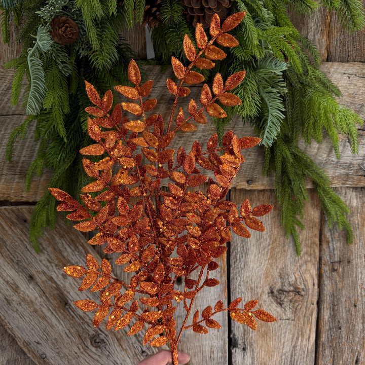 28" Orange Glitter Fern Spray, Halloween Greenery, Orange Spray