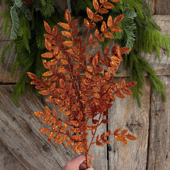 28" Orange Glitter Fern Spray, Halloween Greenery, Orange Spray