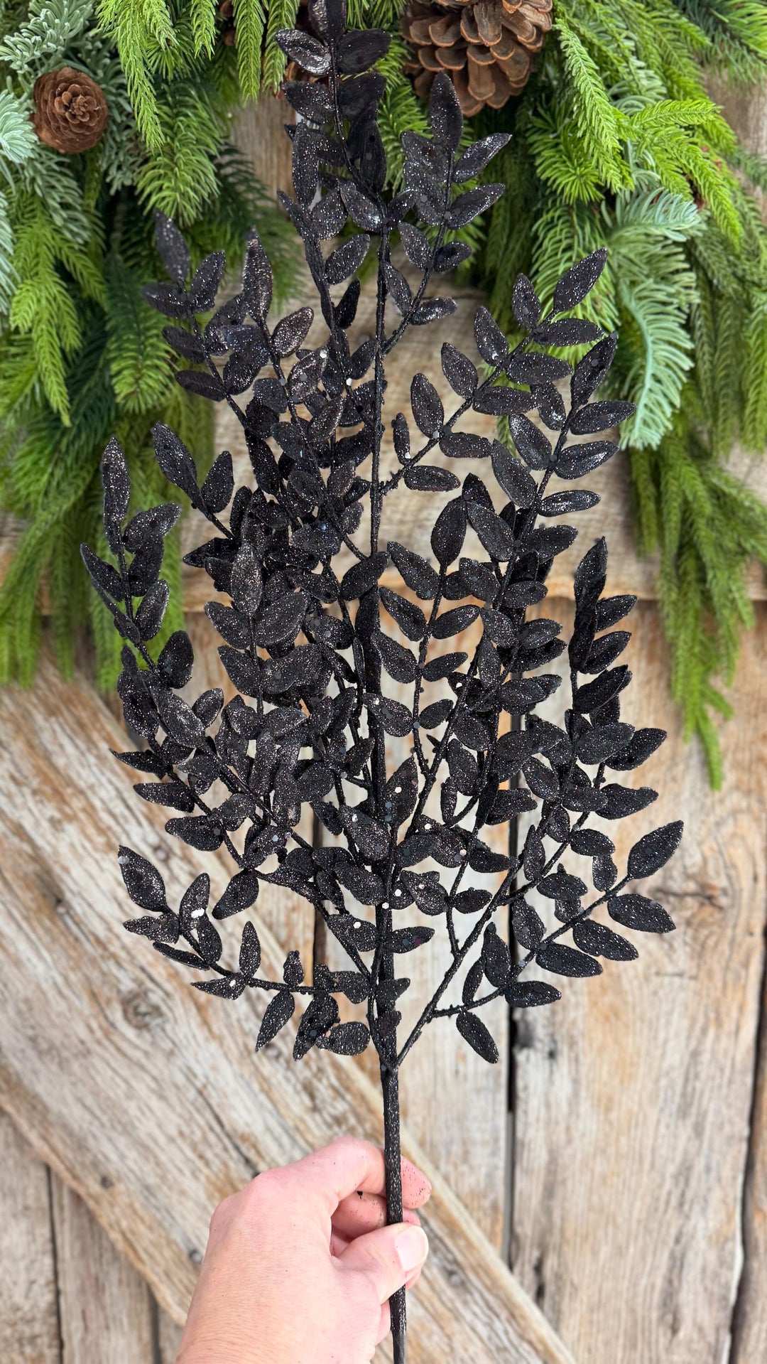 28" Black Glitter Fern Spray, Halloween Greenery