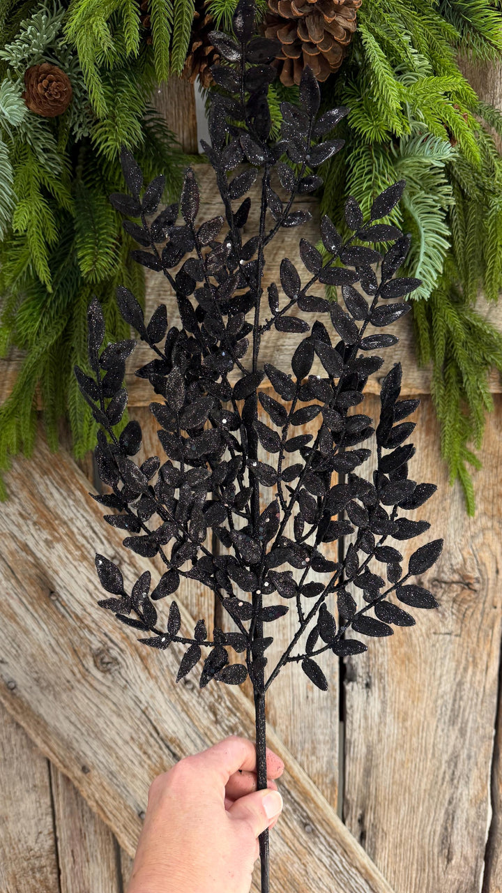 28" Black Glitter Fern Spray, Halloween Greenery, Black Floral Spray