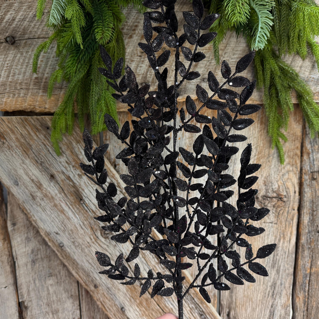 28" Black Glitter Fern Spray, Halloween Greenery, Black Floral Spray