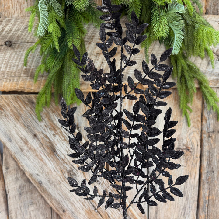 28" Black Glitter Fern Spray, Halloween Greenery, Black Floral Spray