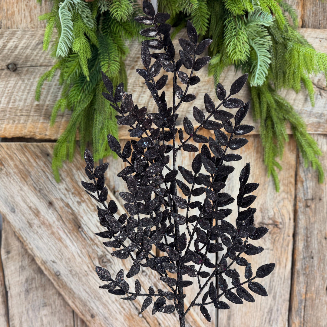 28" Black Glitter Fern Spray, Halloween Greenery, Black Floral Spray