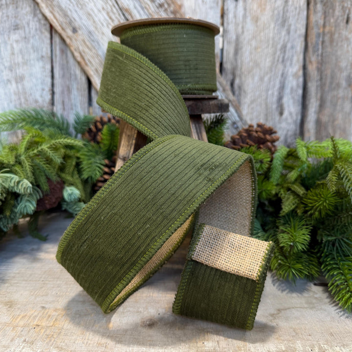 2.5" Moss Green Corduroy Ribbon, Fall Ribbon, Christmas Ribbon