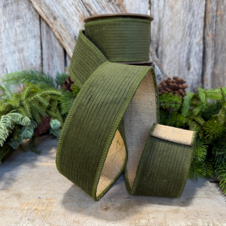 2.5" Moss Green Corduroy Ribbon, Fall Ribbon, Christmas Ribbon