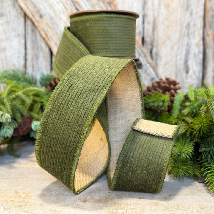 2.5" Moss Green Corduroy Ribbon, Fall Ribbon, Christmas Ribbon
