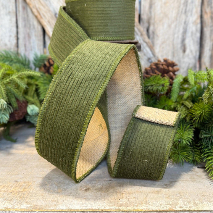 2.5" Moss Green Corduroy Ribbon, Fall Ribbon, Christmas Ribbon